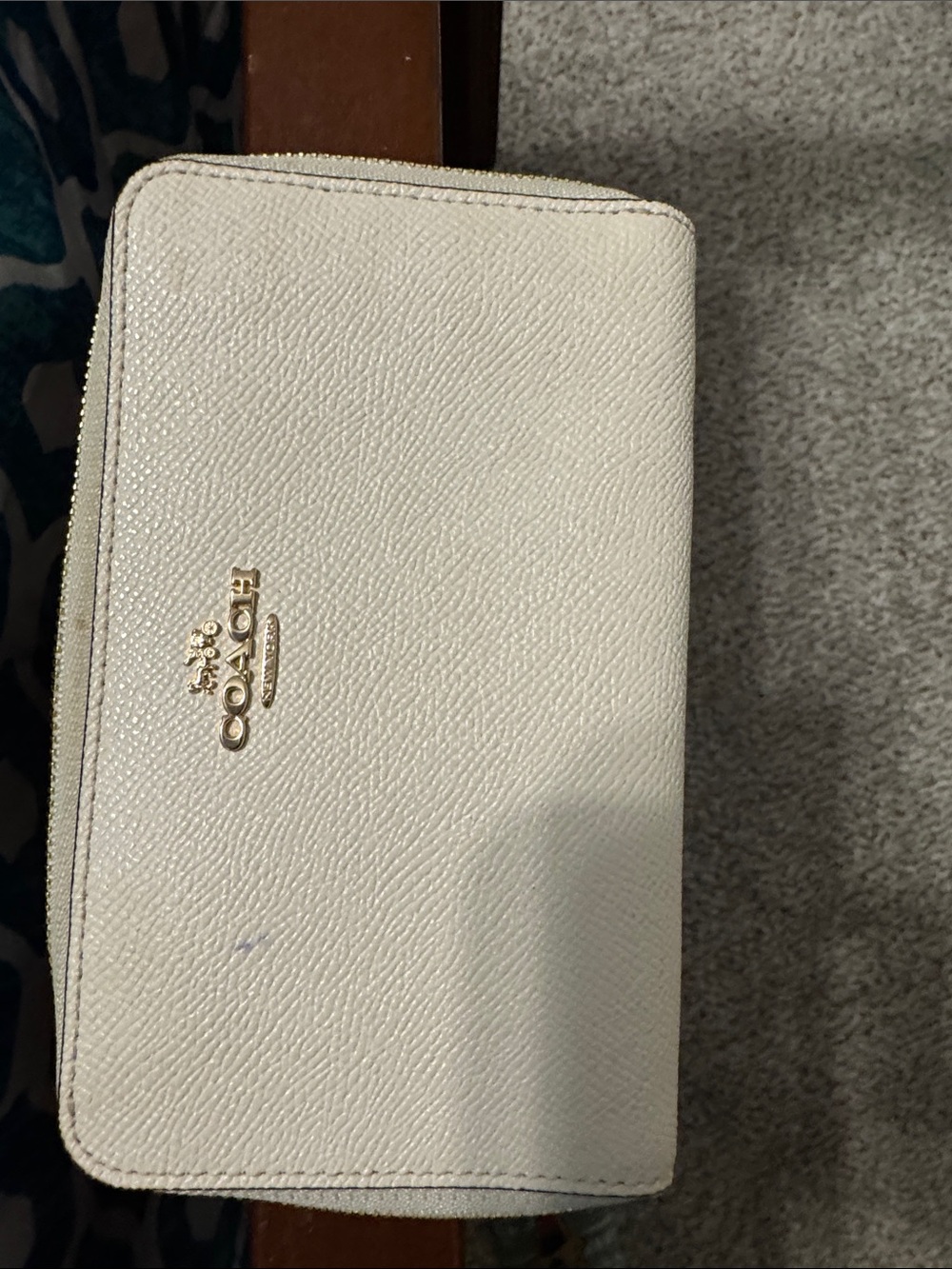 Coach Cream Zip-Around Saffiano Leather Wallet with Gold Logo